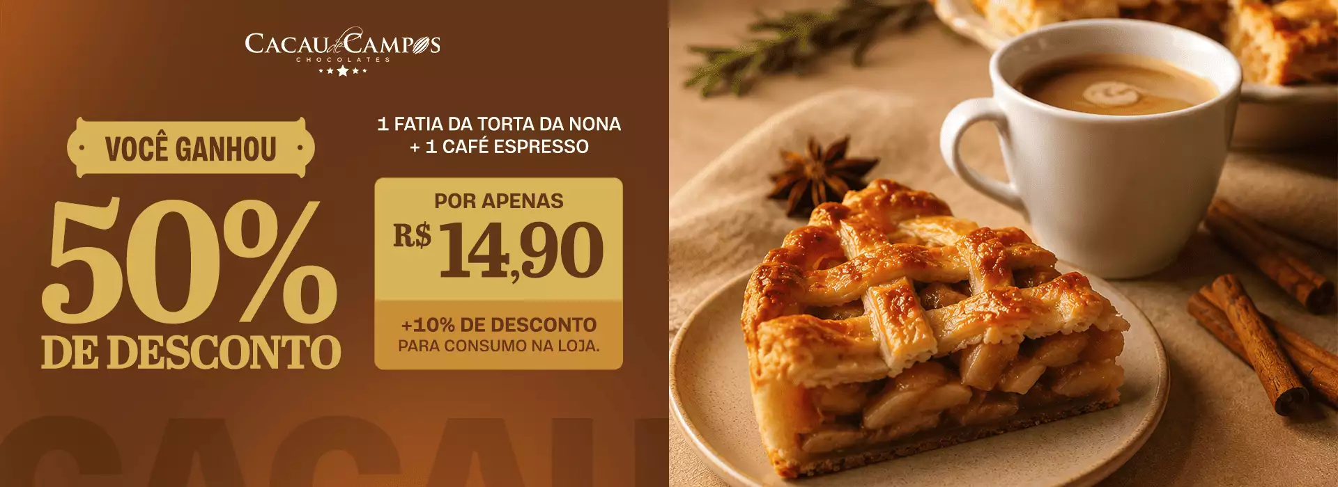 1 FATIA DE TORTA DA NONA + 1 CAFÉ ESPRESSO POR APENAS R$ 14,90 (+10% OFF NA LOJA)
