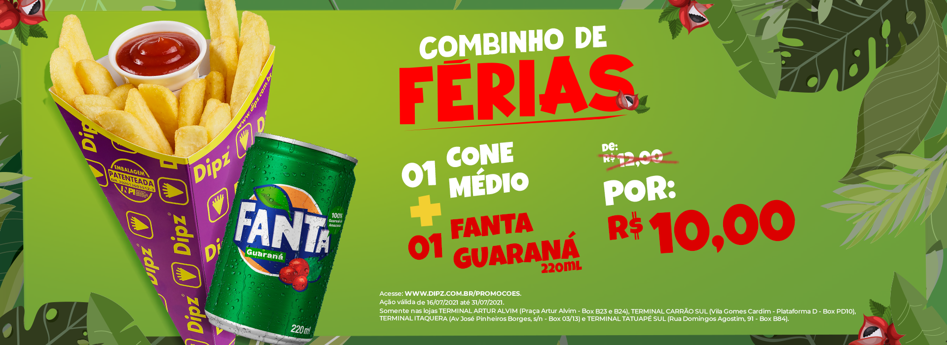 01 CONE MÉDIO + 01 FANTA GUARANÁ 220ML DE R$ 12,00 POR R$ 10,00